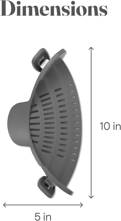 Snap N' Strain - Silicone Pasta Strainer Clip-On for Pots and Pans - Heat Resistant Colander for Vegetables and Noodles - Kitchen Gadgets for Cooking - Space-Saving Design - Grey