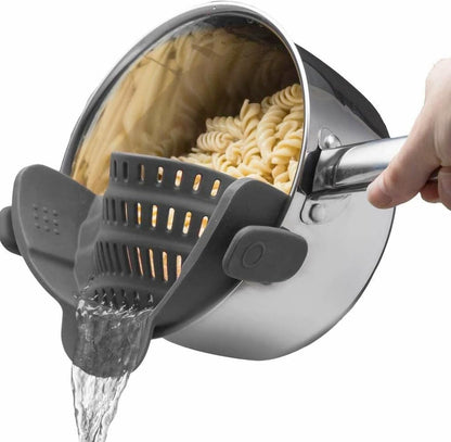 Snap N' Strain - Silicone Pasta Strainer Clip-On for Pots and Pans - Heat Resistant Colander for Vegetables and Noodles - Kitchen Gadgets for Cooking - Space-Saving Design - Grey