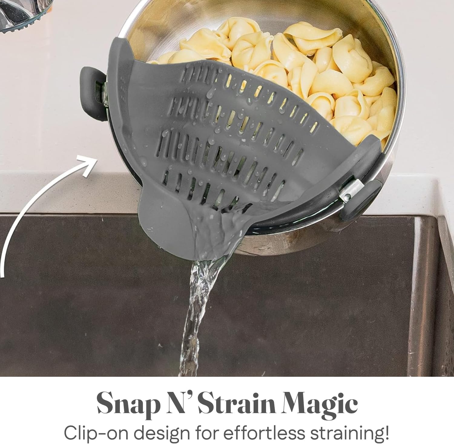 Snap N' Strain - Silicone Pasta Strainer Clip-On for Pots and Pans - Heat Resistant Colander for Vegetables and Noodles - Kitchen Gadgets for Cooking - Space-Saving Design - Grey