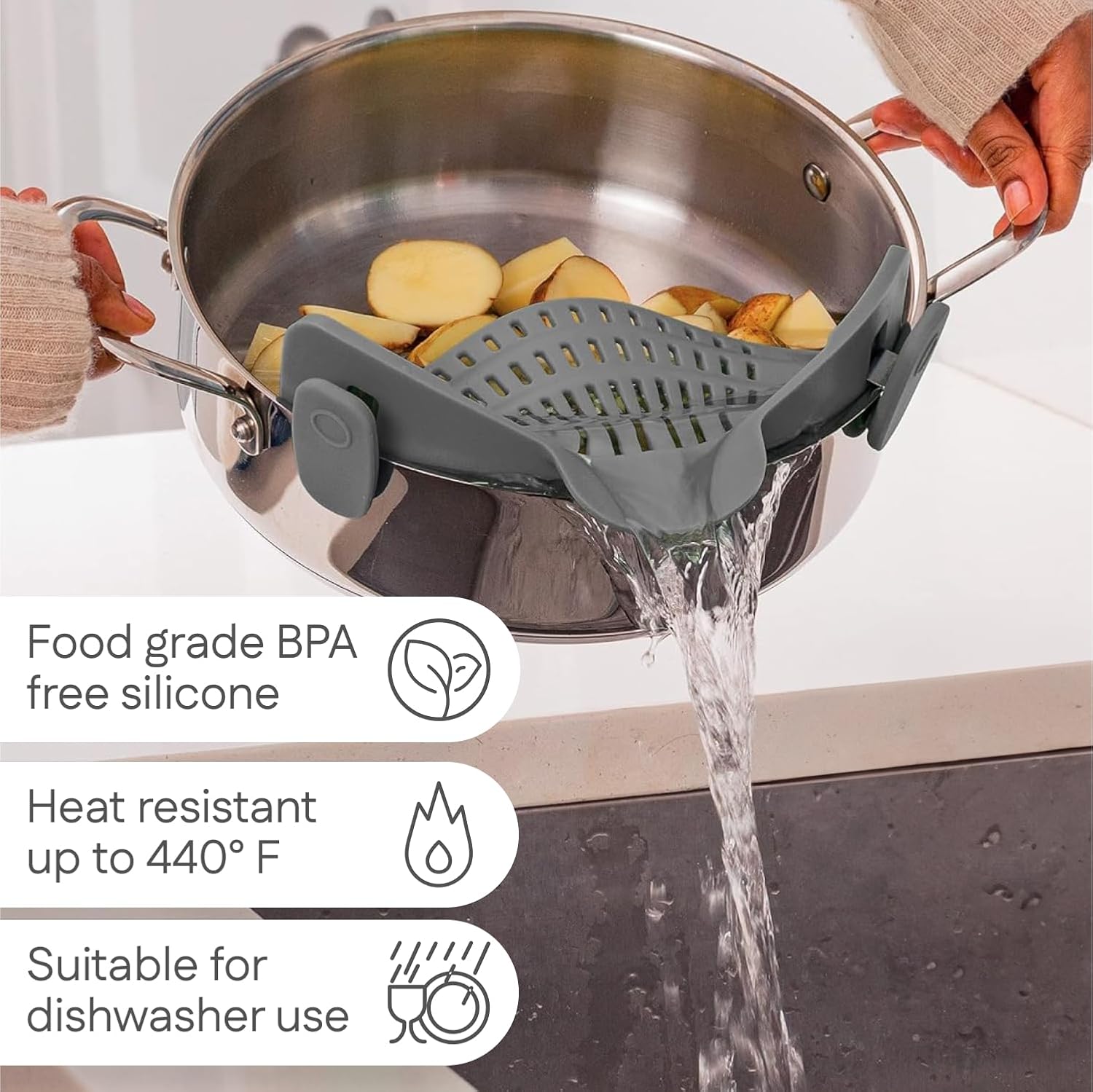 Snap N' Strain - Silicone Pasta Strainer Clip-On for Pots and Pans - Heat Resistant Colander for Vegetables and Noodles - Kitchen Gadgets for Cooking - Space-Saving Design - Grey