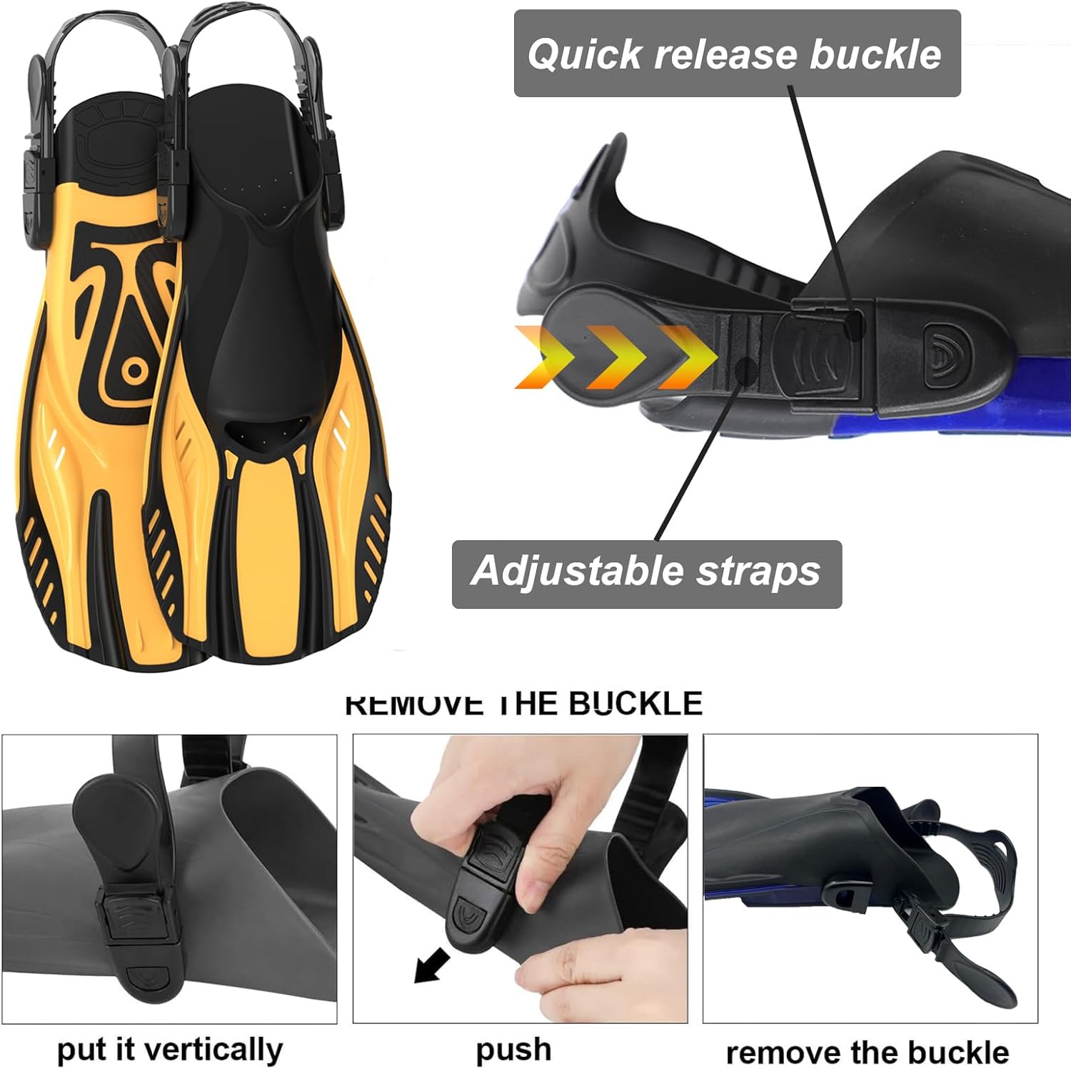 Snorkel Fins Diving Fins Adjustable Buckles Open Heel Swim Flippers Travel Size Short Swim Fins for Snorkeling Diving Swimming Adult Men Womens