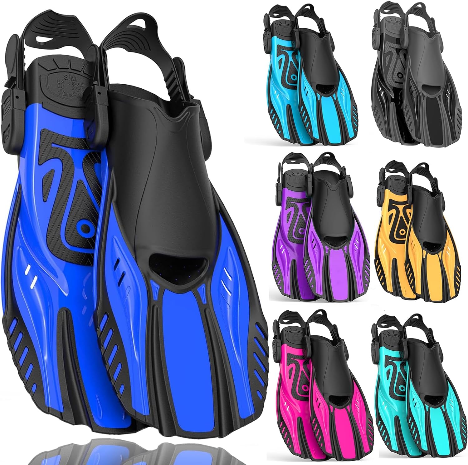 Snorkel Fins Diving Fins Adjustable Buckles Open Heel Swim Flippers Travel Size Short Swim Fins for Snorkeling Diving Swimming Adult Men Womens