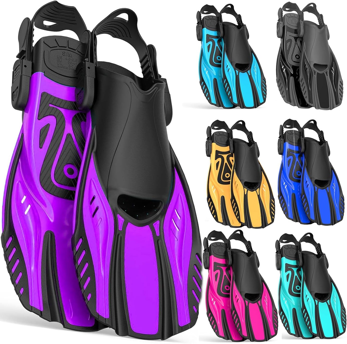 Snorkel Fins Diving Fins Adjustable Buckles Open Heel Swim Flippers Travel Size Short Swim Fins for Snorkeling Diving Swimming Adult Men Womens