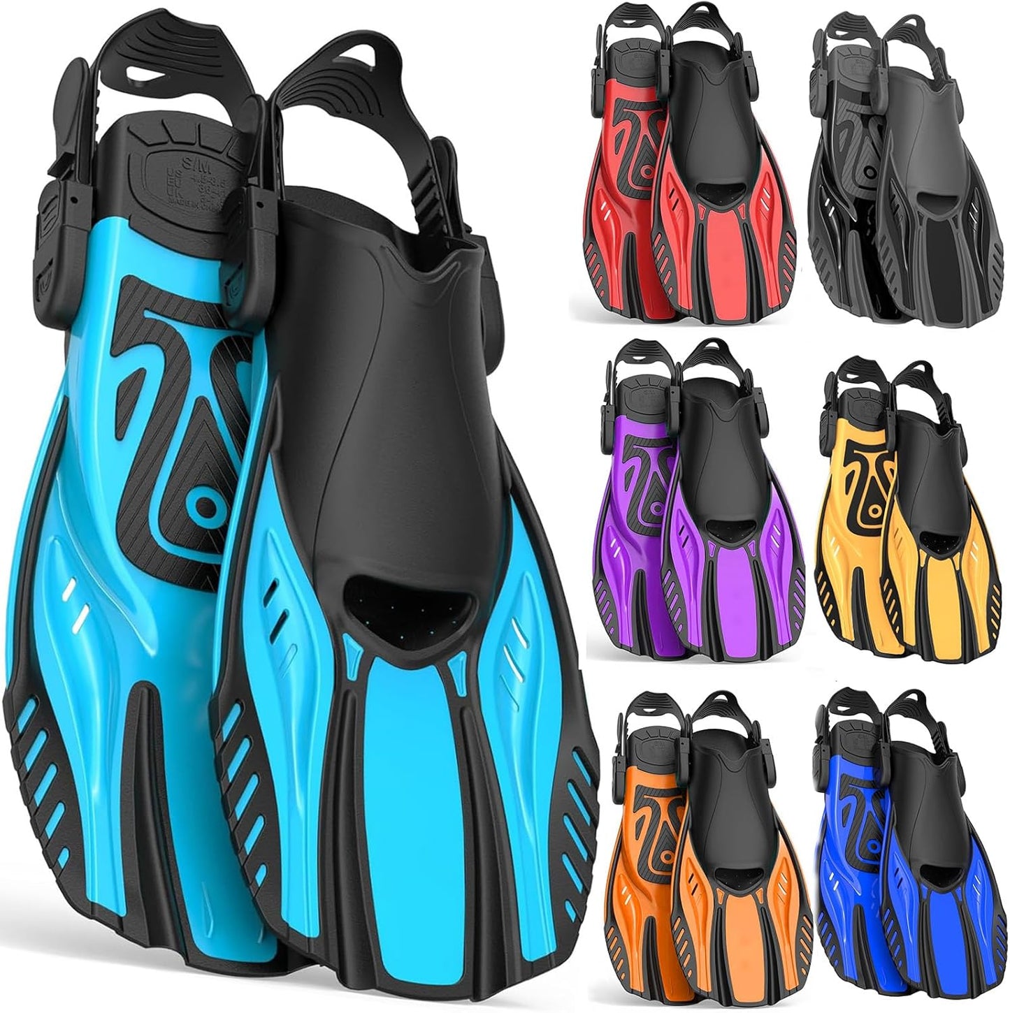 Snorkel Fins Diving Fins Adjustable Buckles Open Heel Swim Flippers Travel Size Short Swim Fins for Snorkeling Diving Swimming Adult Men Womens