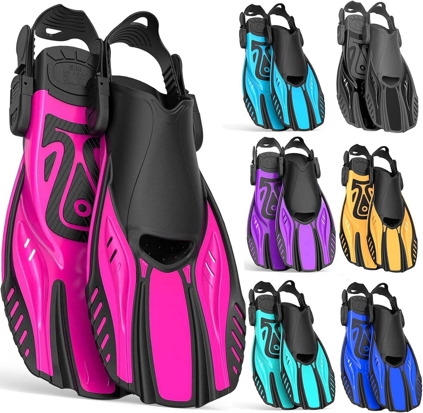 Snorkel Fins Diving Fins Adjustable Buckles Open Heel Swim Flippers Travel Size Short Swim Fins for Snorkeling Diving Swimming Adult Men Womens