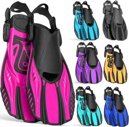 Snorkel Fins Diving Fins Adjustable Buckles Open Heel Swim Flippers Travel Size Short Swim Fins for Snorkeling Diving Swimming Adult Men Womens