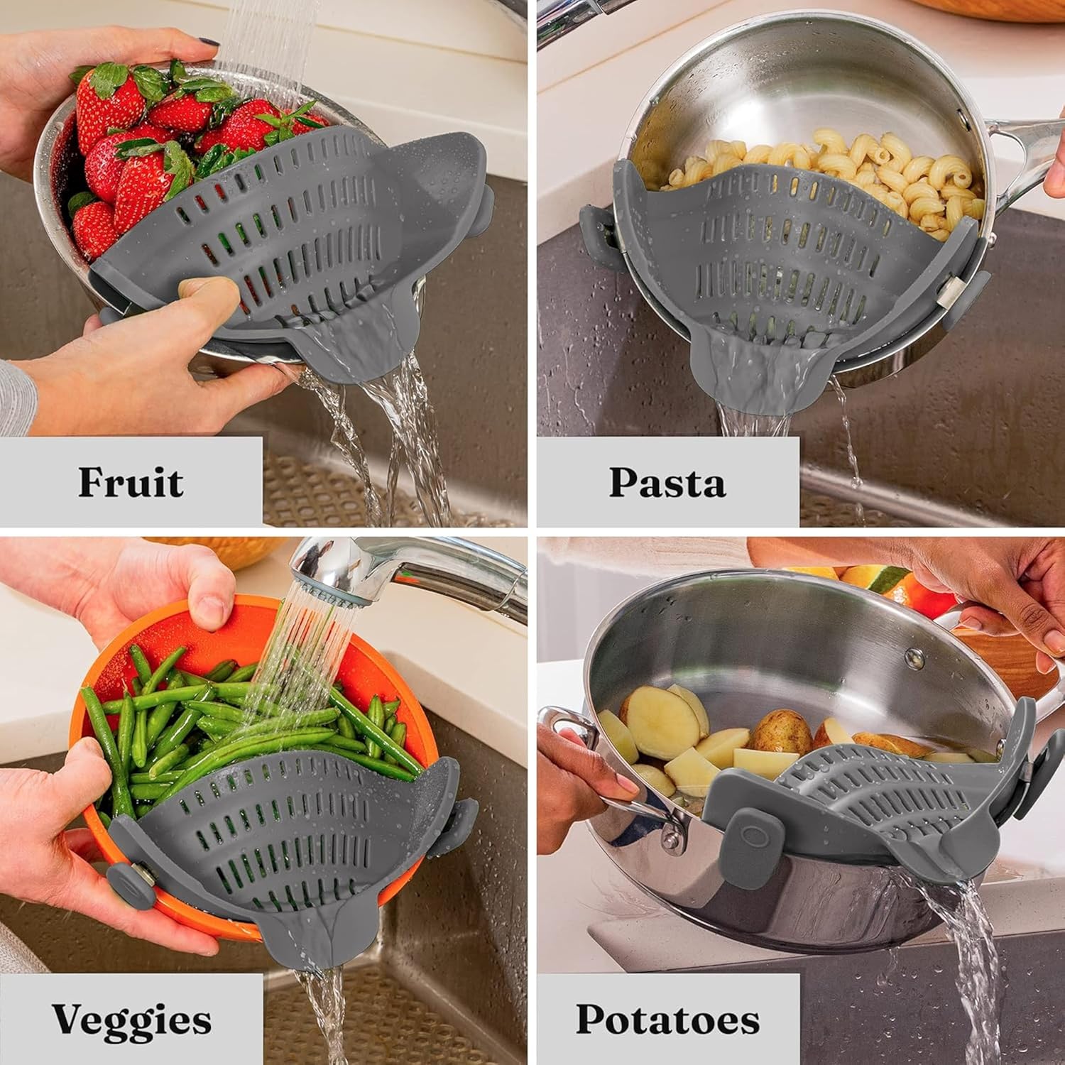 Snap N' Strain - Silicone Pasta Strainer Clip-On for Pots and Pans - Heat Resistant Colander for Vegetables and Noodles - Kitchen Gadgets for Cooking - Space-Saving Design - Grey