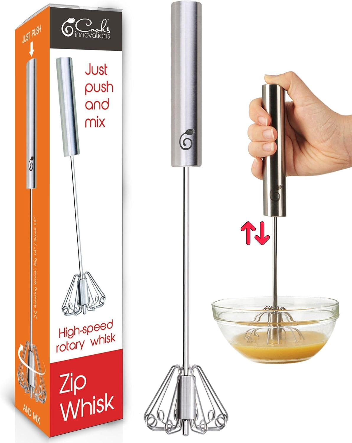 Stainless Steel Semi-Automatic Egg Whisk – Push-Down Rotary Egg Beater for Whisking, Frothing, and Mixing (14 Inch)