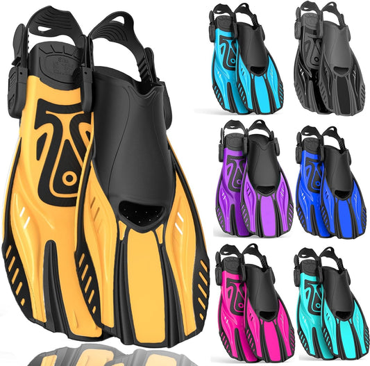 Snorkel Fins Diving Fins Adjustable Buckles Open Heel Swim Flippers Travel Size Short Swim Fins for Snorkeling Diving Swimming Adult Men Womens